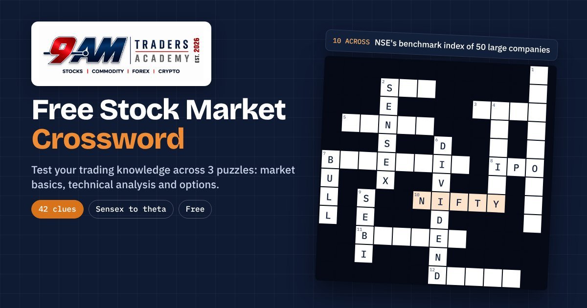 9AM Traders Academy stock market crossword grid with Sensex, Nifty, SEBI, Dividend and IPO filled in and the clue "NSE's benchmark index of 50 large companies