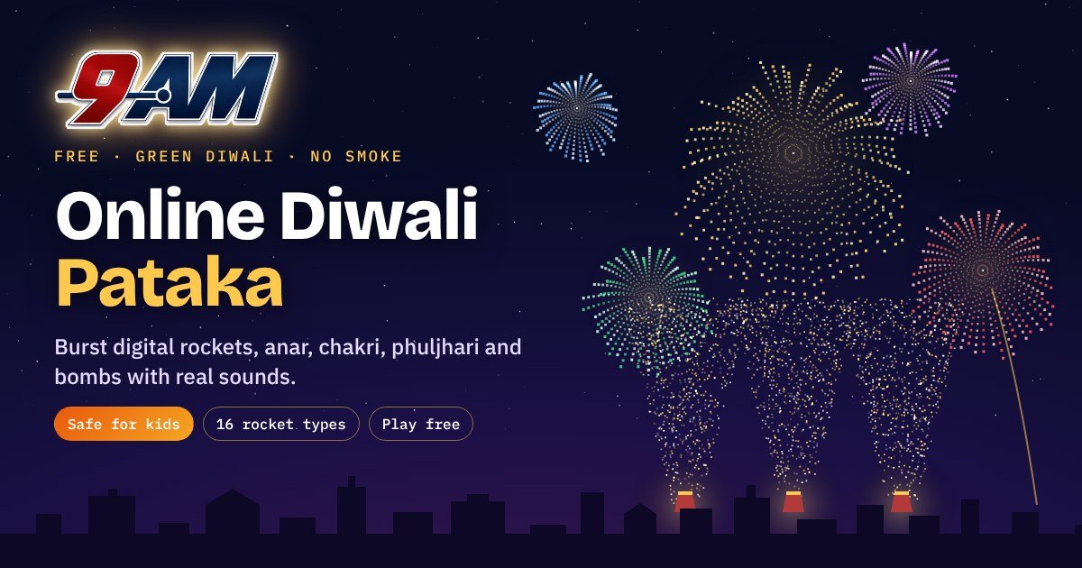 Online Diwali Pataka game by 9AM Traders Academy with digital rockets, anar and fireworks over a city skyline